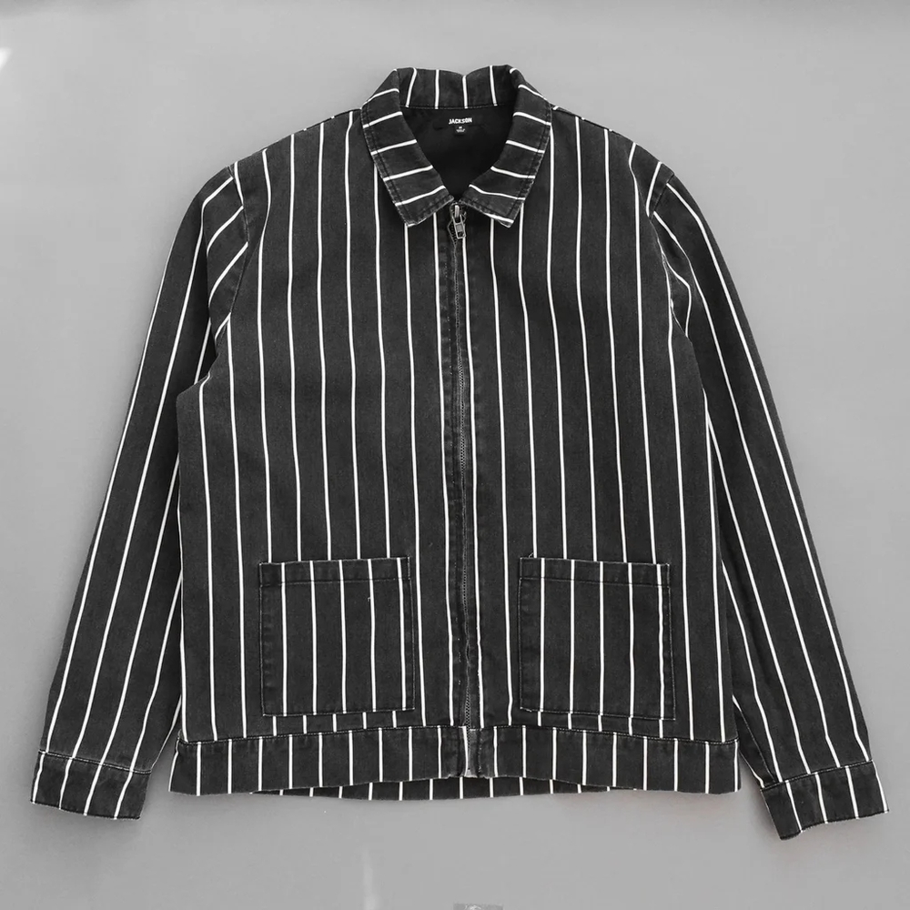 COPY - FINAL REDUCTION! Awesome Black White Pinstripe Zip Chore Trucker Jacket